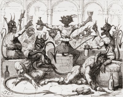 `` بينما يربط Beelzebub عقدة ضخمة في قصته &39;&39; ، رسم توضيحي بعد جورج Cruikshank لقصيدة "The Lay of St. بواسطة مدرسة اللغة الإنجليزية